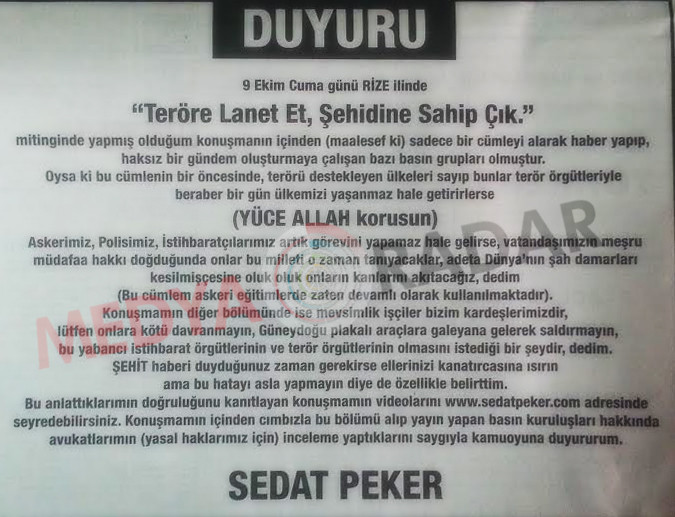 Sedat Peker'den hakkında çıkan haberlere gazete ilanıyla cevap! - Resim : 1